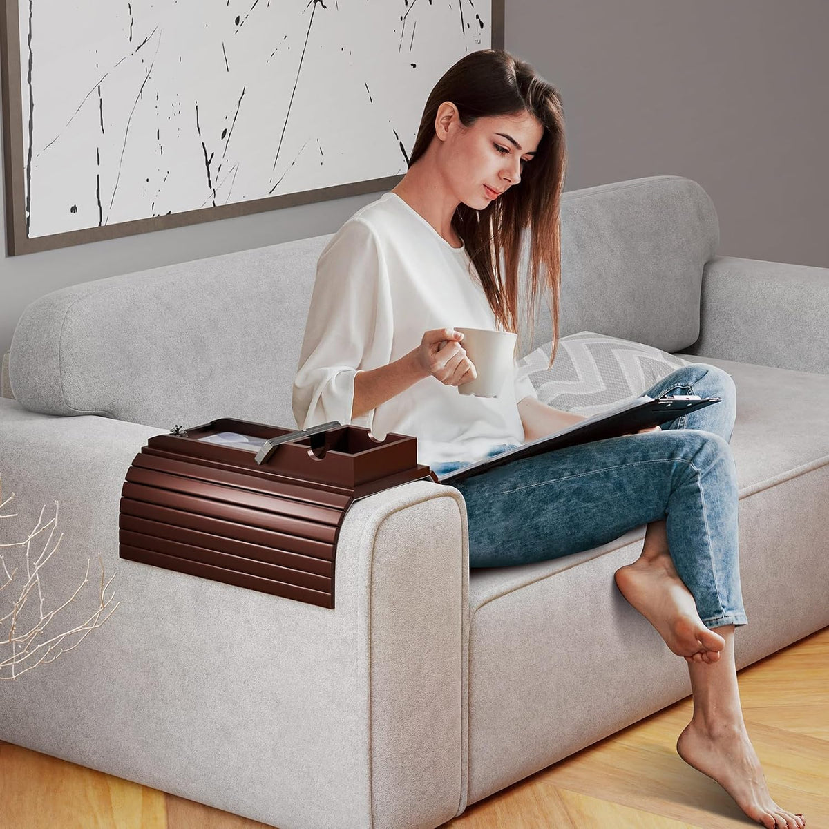 Bestjing Bamboo Couch Armrest Table with Cup Holder Tray (Walnut)