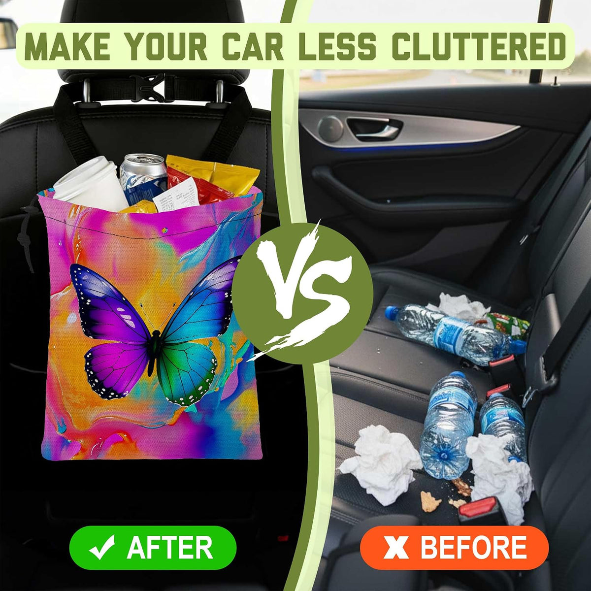 Car Trash Bag Colorful Fluid Butterfly Hanging Drawstring Car Organizer and Storage Bag with Adjustable Buckle Canvas Garbage Bin for Back Seat or Hanging Headrest Car Decor Road Trip Essentials