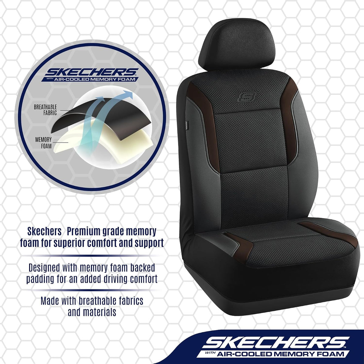 Skechers Memory Foam Car Seat Covers, Air Cool Mesh Thick Seat Covers,Car Seat Covers Front Seats Airbag Compatible, Automotive Comfort Protection for Most Cars,Van,Trucks, SUVs,Brown