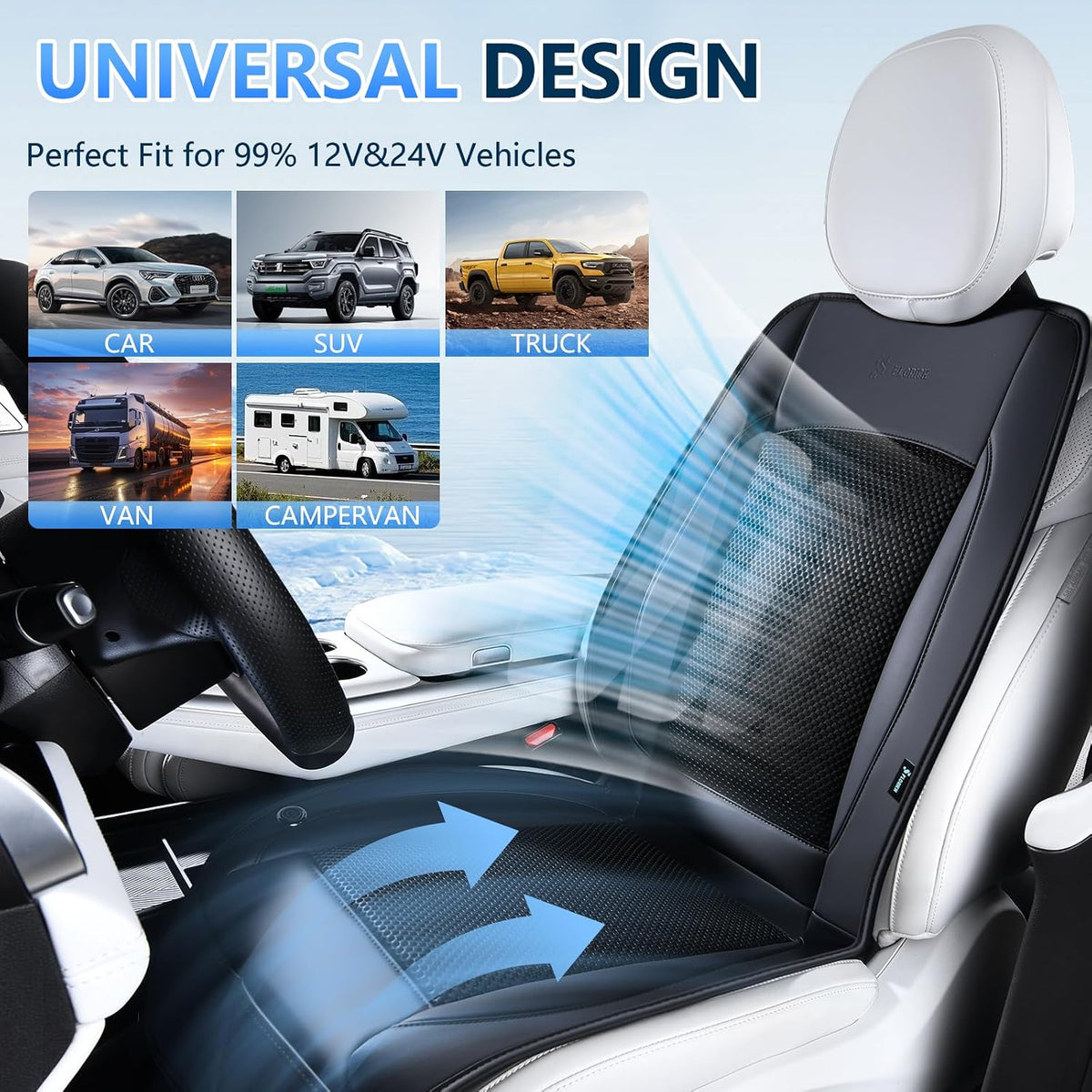 Upgraded Cooling Car Seat Cover Front Seat with Blowing&Suction, 12V-24V Ventilated Car Seat Cushion with 2 Turbo Fans, 3-Speed Adjustable Universal Fit Breathable Car Cushion for Summer Driving-Black