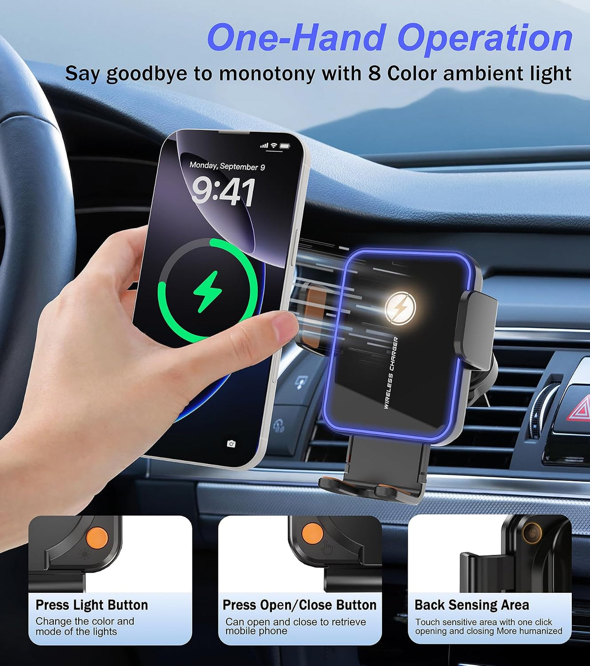 15W Auto-Clamping Wireless Car Charger Mount, Air Vent Cell Phone Holder