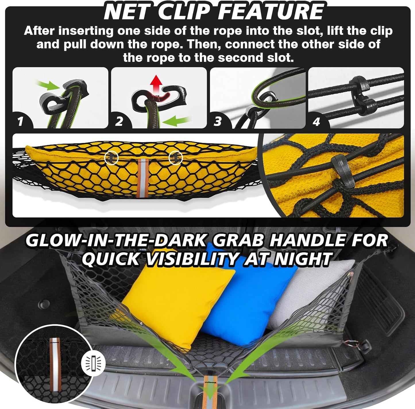 Muslogy Truck Bed Cargo Net Trunk Netting Compatible with 2021-2026 Chevy Suburban&Tahoe|GMC Yukon&Yukon XL| Escalade Accessories, Pickup Cargo Organizer SUV Sedan Storage Net w/Heavy Duty Carabiners