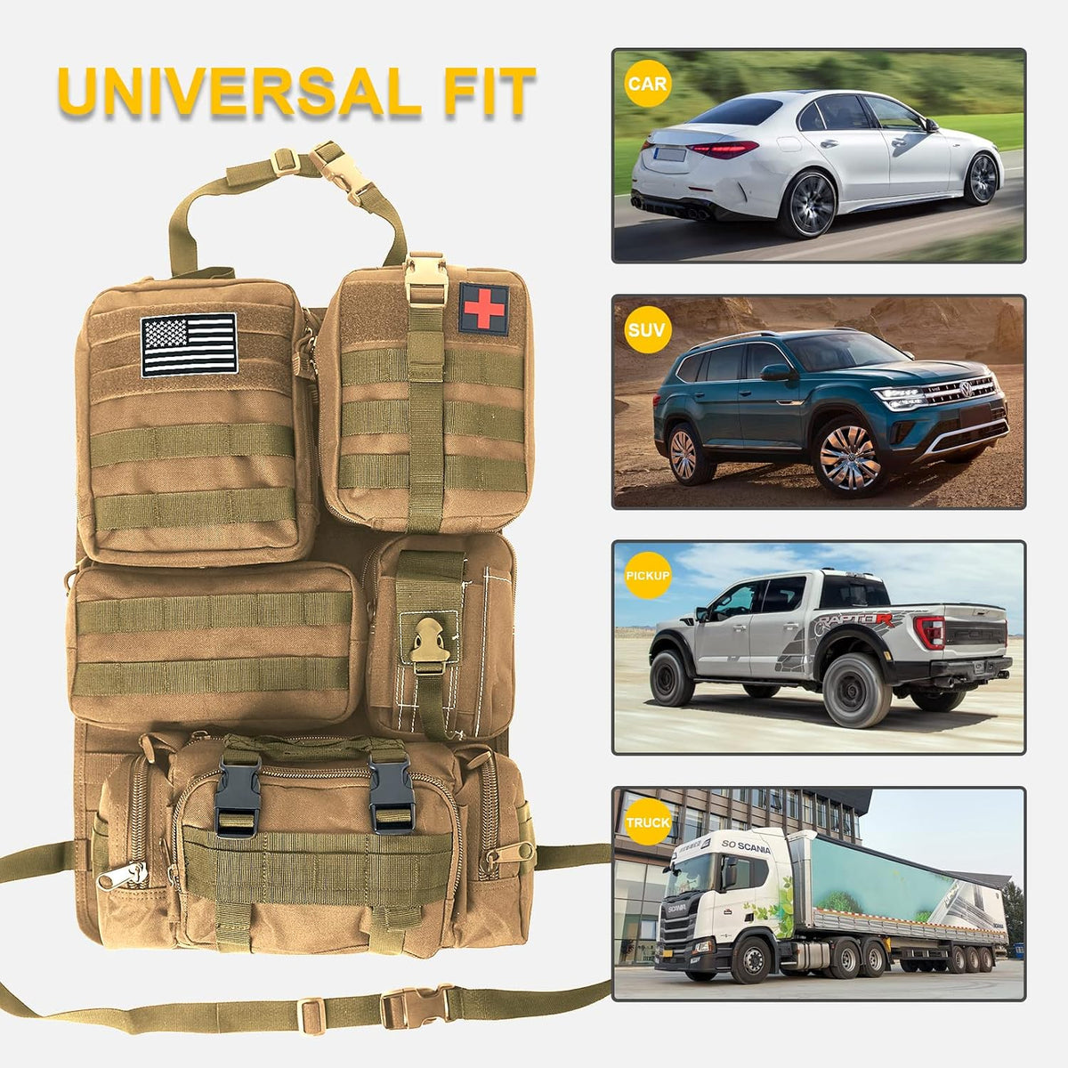 Universal Tactical Car Seat Back Organizer Bag Tactical Molle Vehicle Organizers Panel Vehicle Protector Organizers with 5 Detachable Pouches for Car Truck Ford Jeep (Khaki)