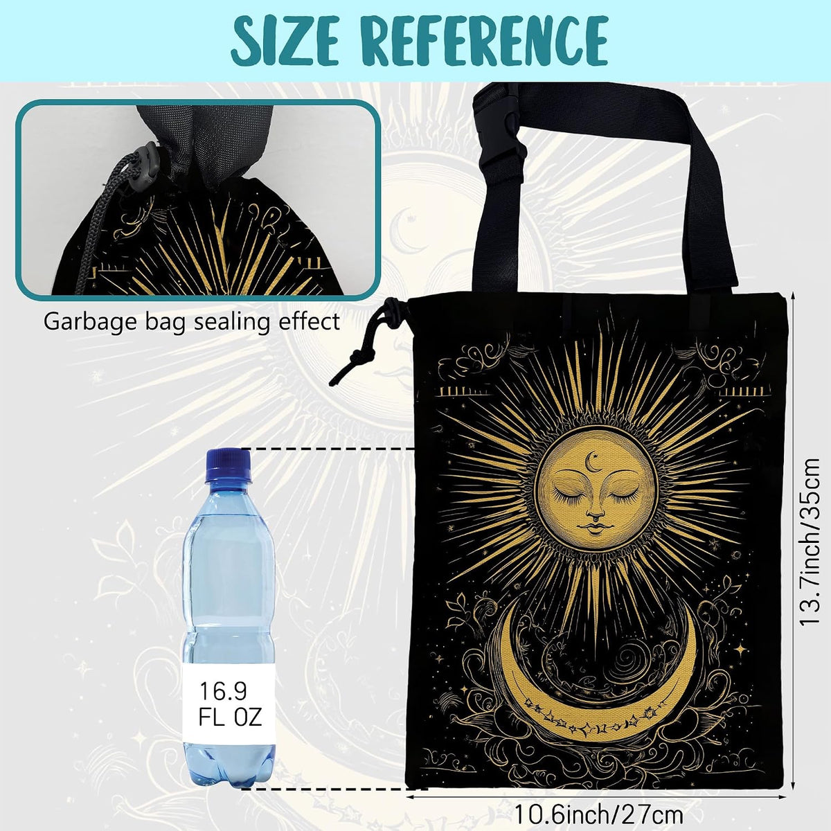 Car Garbage Bag Golden Sun Boho Crescent Moon Stars Hanging Canvas Car Trash Bag Drawstring Car Back Seat Organizer for Car Back Front Seat Console with Adjustable Buckle