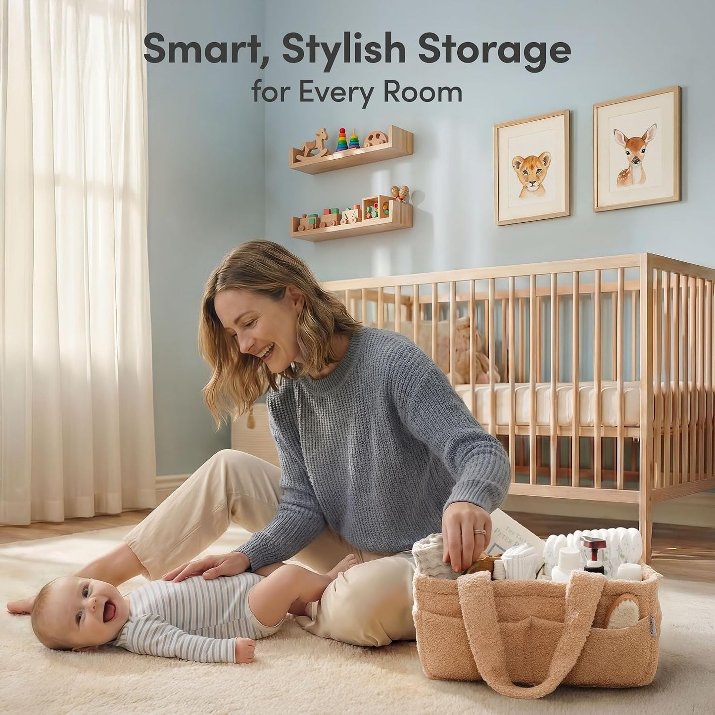 PUTSKA Baby Diaper Caddy Organizer for Changing Table – Stylish Nursery Storage Basket, Newborn Essentials, Baby Shower Gifts and Registry Must-Haves for Boy or Girl, Car Diaper Caddy, Fleece Mocha