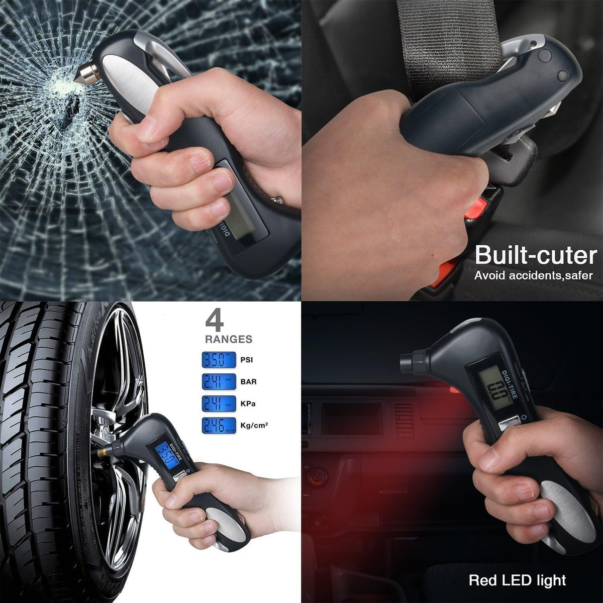5 in 1 Rescue Emergency Tool for Car, Motorcycle and Other Vehicle - 150 PSI Digital LED Tire Pressure Gauge Monitor, Safety Hammer, Flashlight, Seat-Belt Cutter, Red Safety Light.