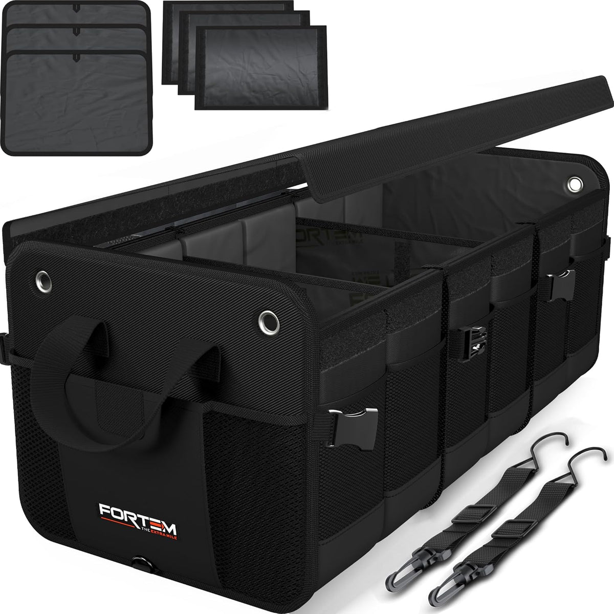 FORTEM Trunk Organizer For SUV Car Organizer and Storage, Multi-Compartment Storage Bag Car Accessories for Women Men, Perfect Christmas Gifts, 1680D Oxford, Non Slip Bottom, Straps, Soft Cover (90L)