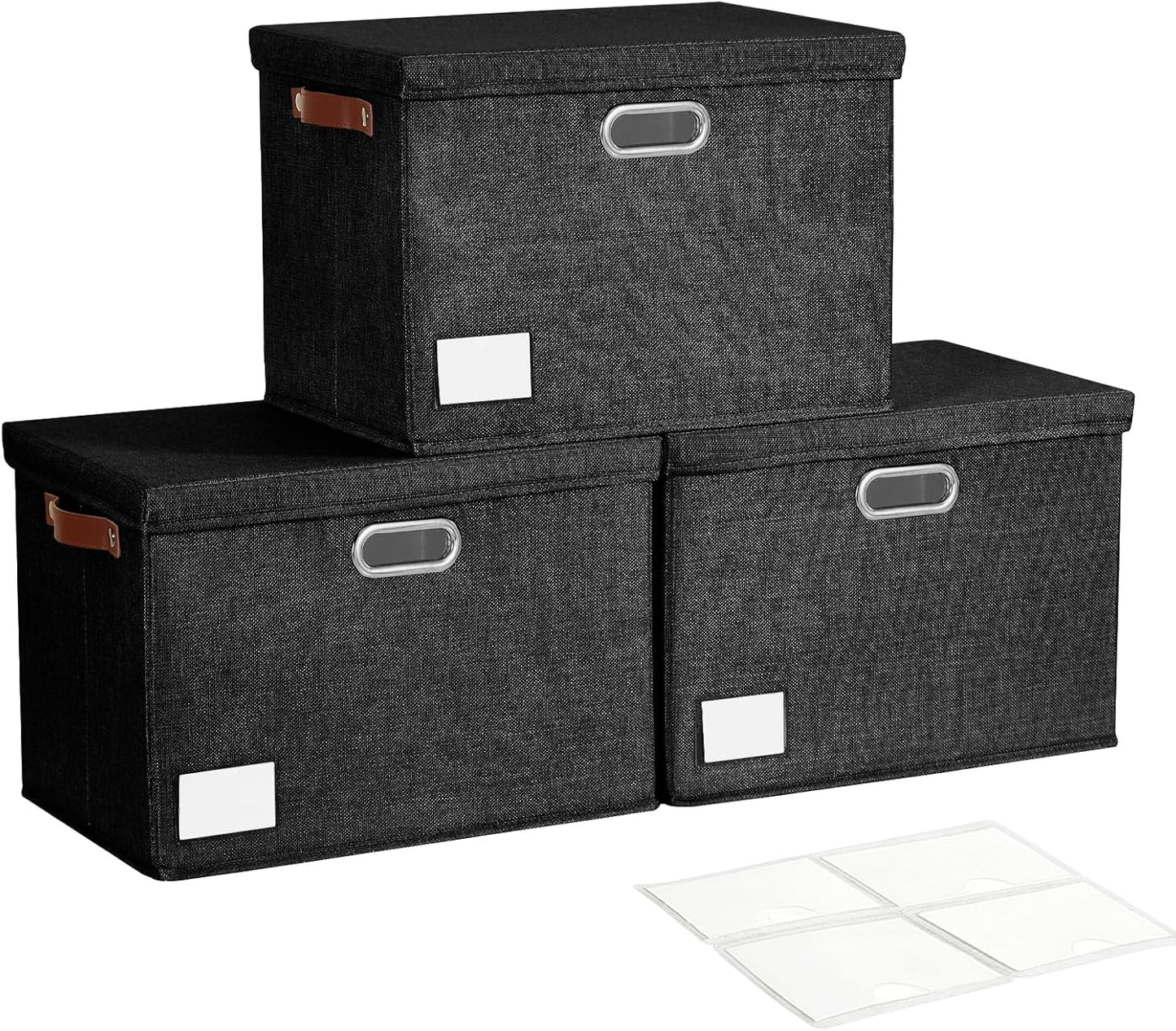 Roobyl 17" Large Collapsible Storage Bins with Lids, Stackable Closet Organizers with PU Handle and Labels, 3-Pack Decorative Fabric Storage Boxes for Home, Bedroom, Closet, Office, Nursery(Black)