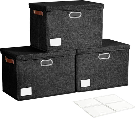 Roobyl 17" Large Collapsible Storage Bins with Lids, Stackable Closet Organizers with PU Handle and Labels, 3-Pack Decorative Fabric Storage Boxes for Home, Bedroom, Closet, Office, Nursery(Black)