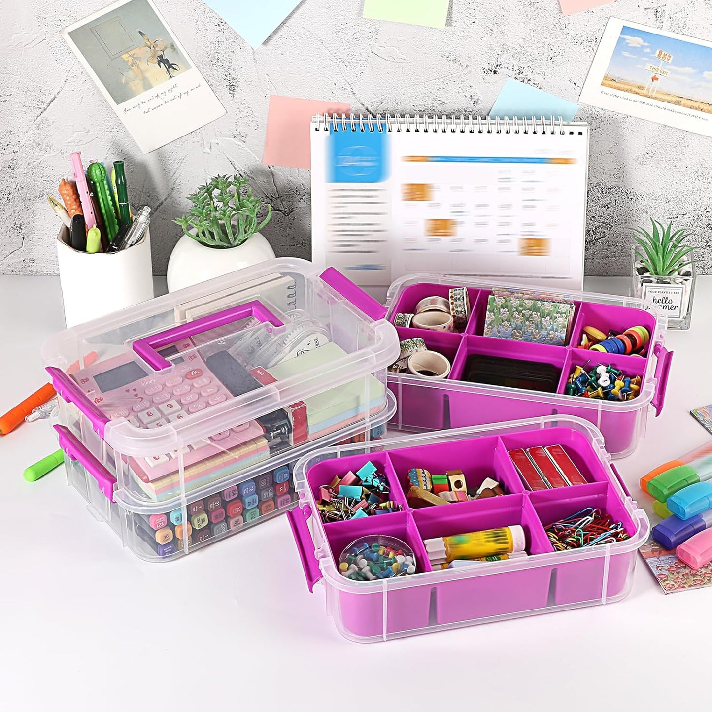 JUXYES 4-Tiers Stack Carry Storage Box Clear Storage Bin Container, Purple | 2 Divided Tray, Transparent Stackable, Handle Lid Latching, School & Office Supplies