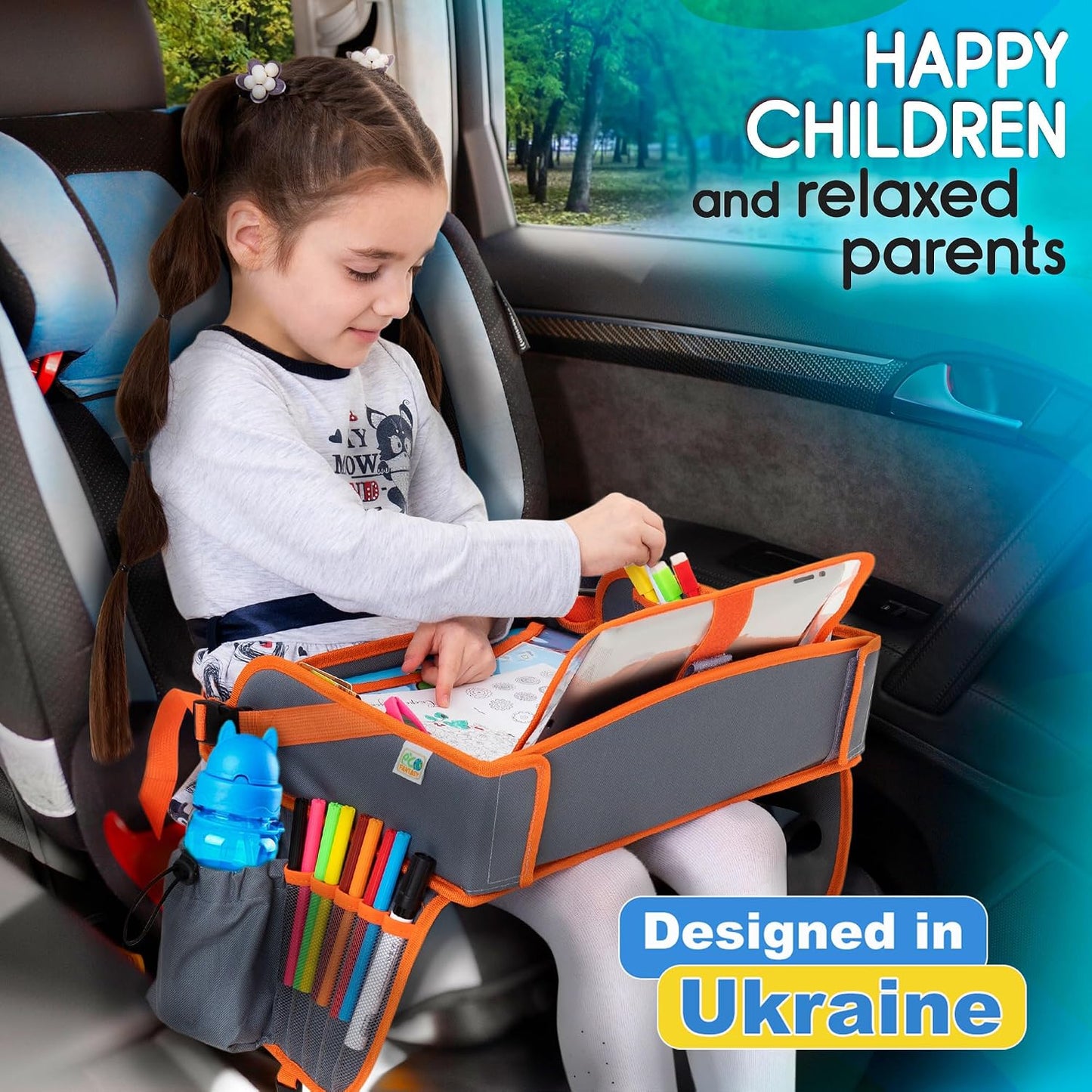 Kids Travel Tray - Waterproof Car Table with No-Drop Large Tablet Holder - Car Seat Tray - Road Trip Must Haves - Kids Lap Desk Organizer for Airplane - Toddler Travel Essentials (Orange)