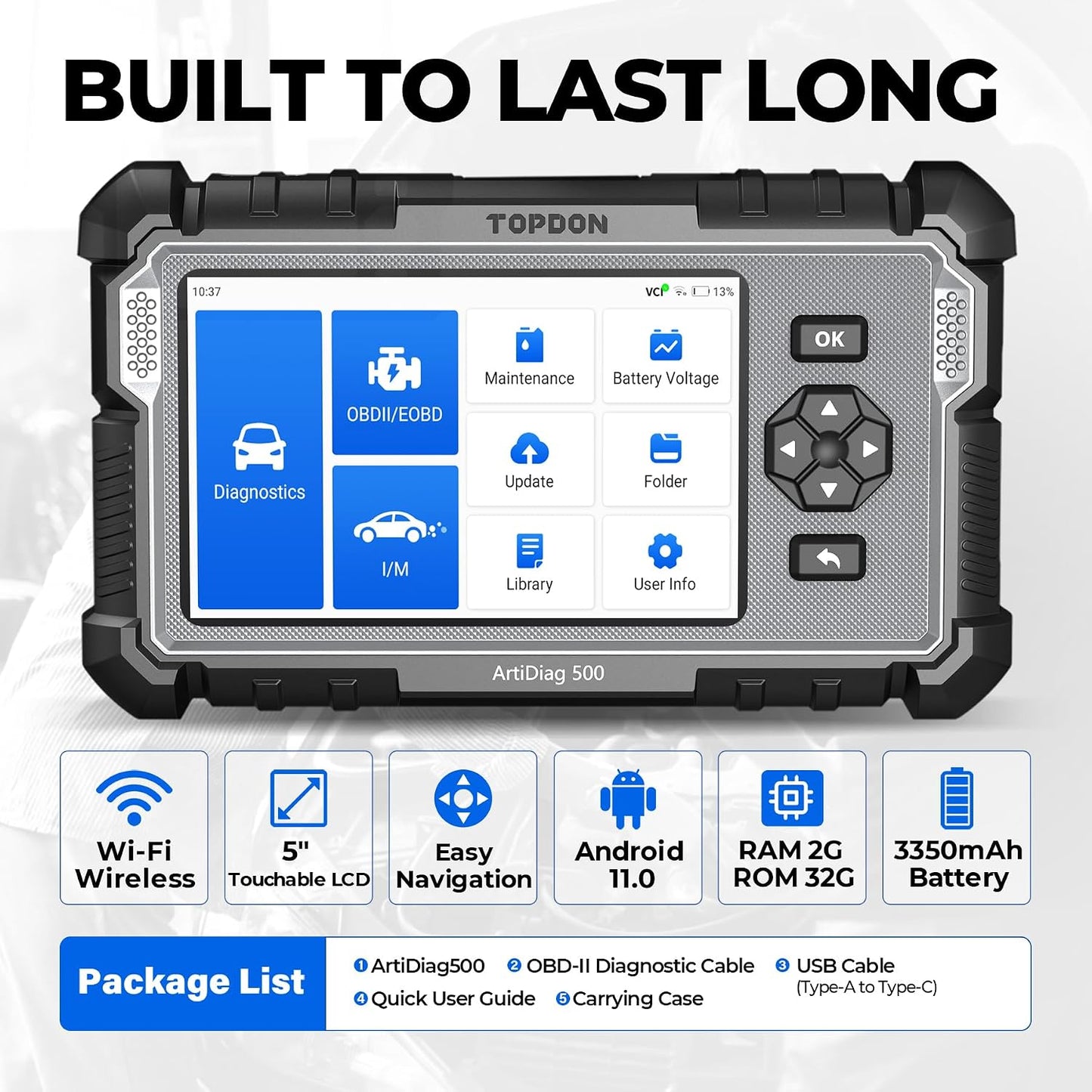 TOPDON AD500 OBD2 Scanner, Oil SAS Throttle TPMS BMS EPB Reset, Engine ABS SRS Transmission, Diagnostic Scan Tool, AutoVIN, Car Check Engine Code Reader with Battery Test, Lifetime Wi-Fi Free Update