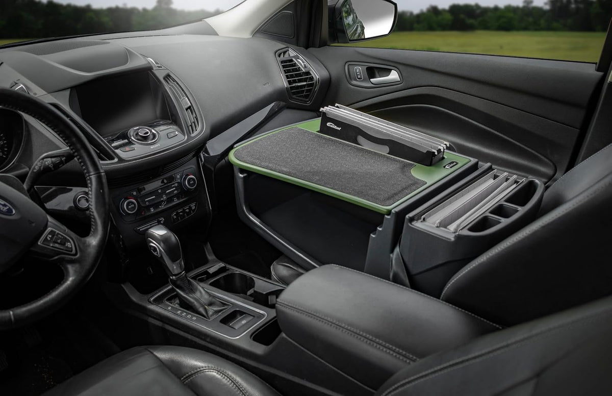 AutoExec Efficiency FileMaster Car Desk for Your Vehicle Workstation and Mobile Office, Army Green with 400 watt Power Inverter