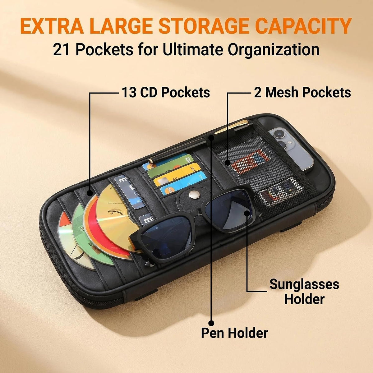 Car Visor Organizer,Car CD Case Holder,Leather Multi-Pocket Organizer Storage Bag for Car/SUV/Truck with 13 DVD Storage Sleeves,Sunglass Clip,Card Holder,Pen Holder,Visor Accessories,Car Organizer