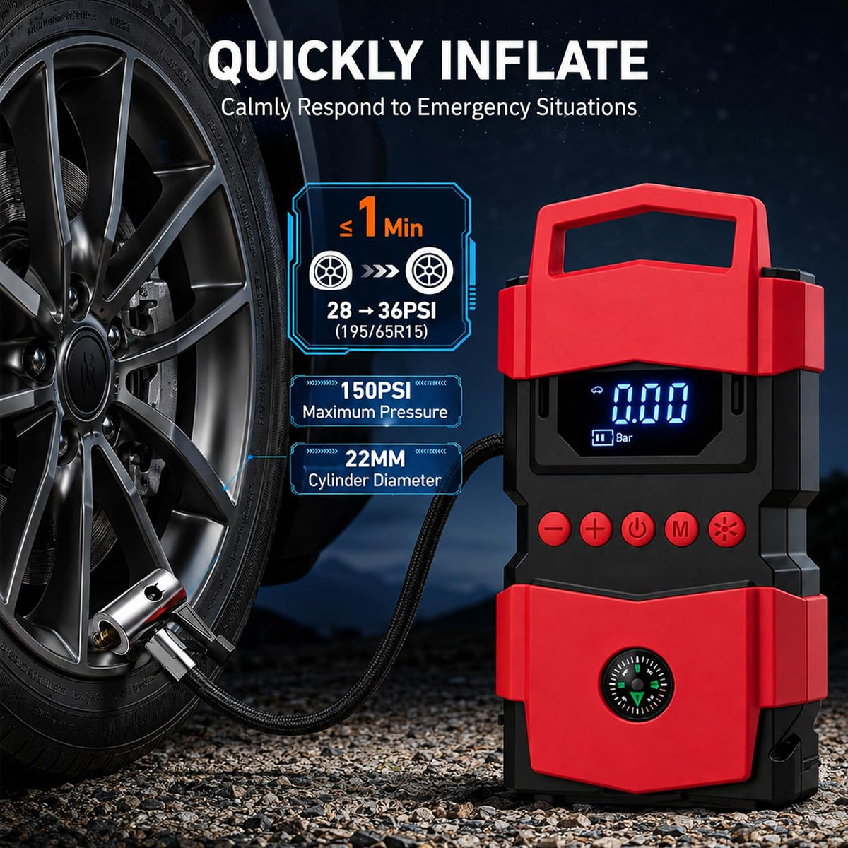 Car Jump Starter with Built-in Air Compressor, Portable Car Battery Jump Box, Multifunctional Tire Inflator, Emergency Car Battery Booster Pack for Cars, Motorcycles, Trucks
