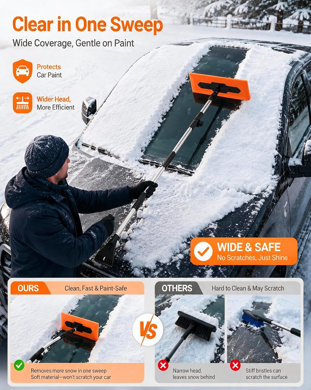 DooGooCoo 57.1" Snow Broom & Ice Scraper for Car with 16.3" Foam Brush