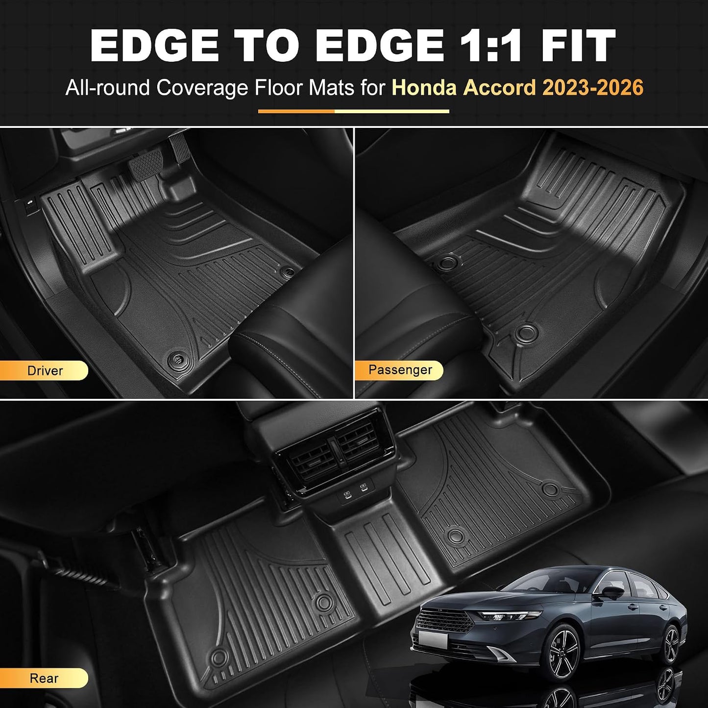 AOMSAZTO Floor Mats & Trunk Mat Fit for Honda Accord 2026 2025 2024 2023 (Gasoline & Hybrid), All Weather TPE Floor Liners with Cargo Mat, Waterproof Non-Slip Car Mats, Black