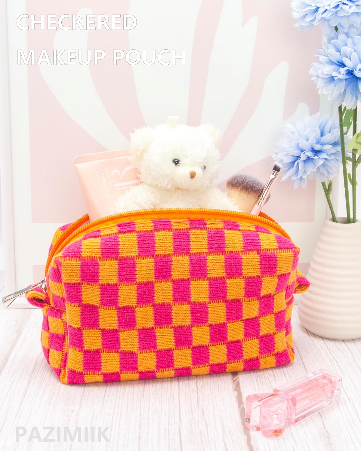 Checkered Makeup Bag for Purse, Small Cosmetic Pouch,Red Orange,6 Pack