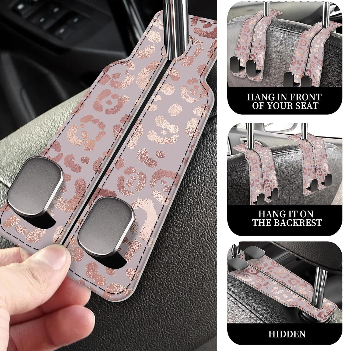 PU Leather Car Seat Hook, Storage Headrest Hanger, Cute Car Backseat Organizer, Car Hooks For Purses and Bags Pink Leopard Print