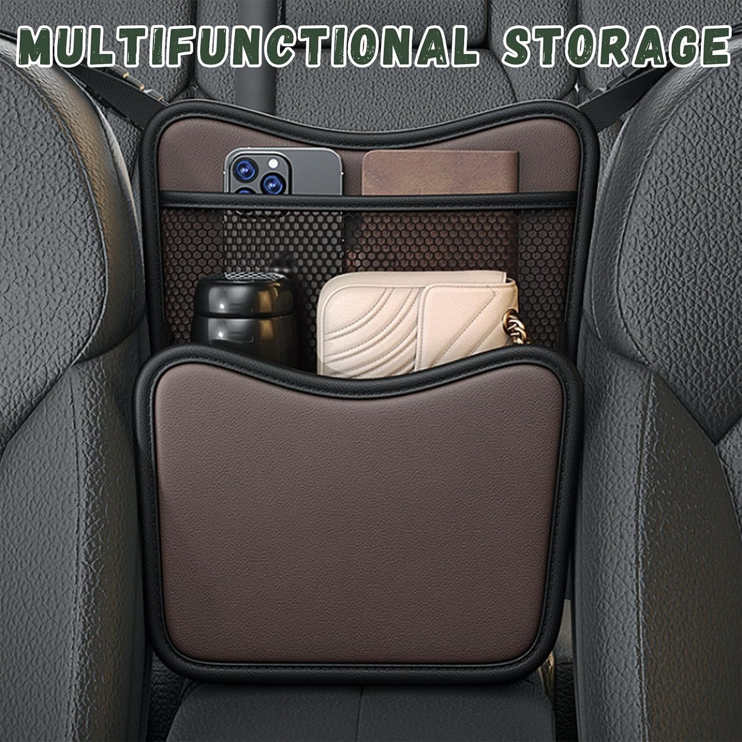 Ohleats Car Organizer Storage Between Seats, Nappa Leather Auto Handbag Holder for Document Phone Storage, Large Capacity Automotive Console Pocket Purse, Car Accessories (Brown)