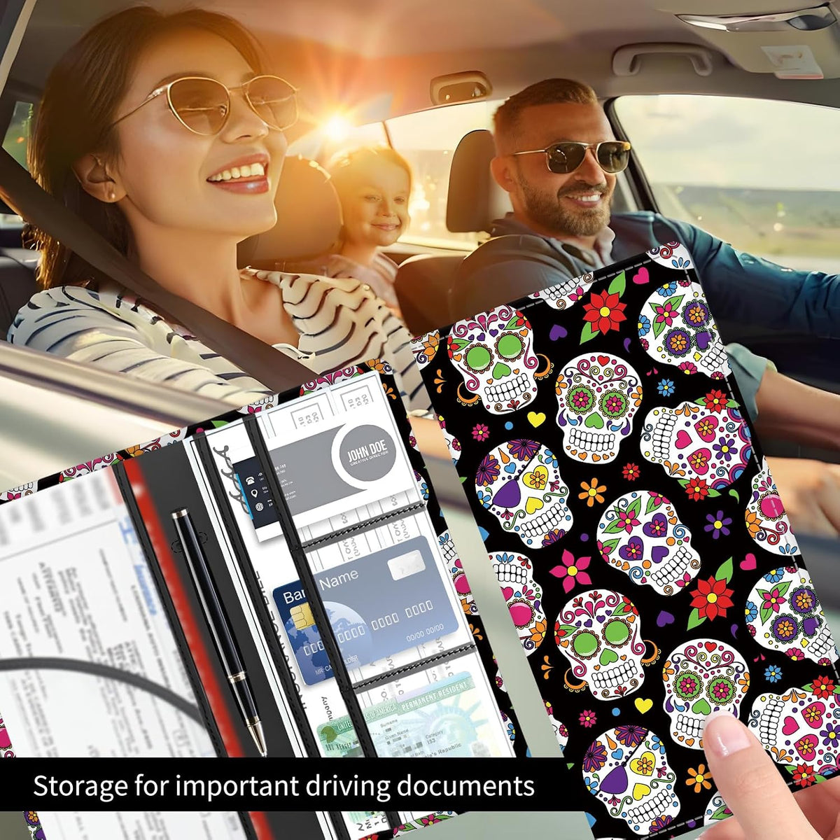 Premium Car Registration and Insurance Card Holder, Cute PU Leather Car Document Holder, Vehicle Glove Box Car Organizer with Magnetic Closure for Driver License, Cards Floral Skull