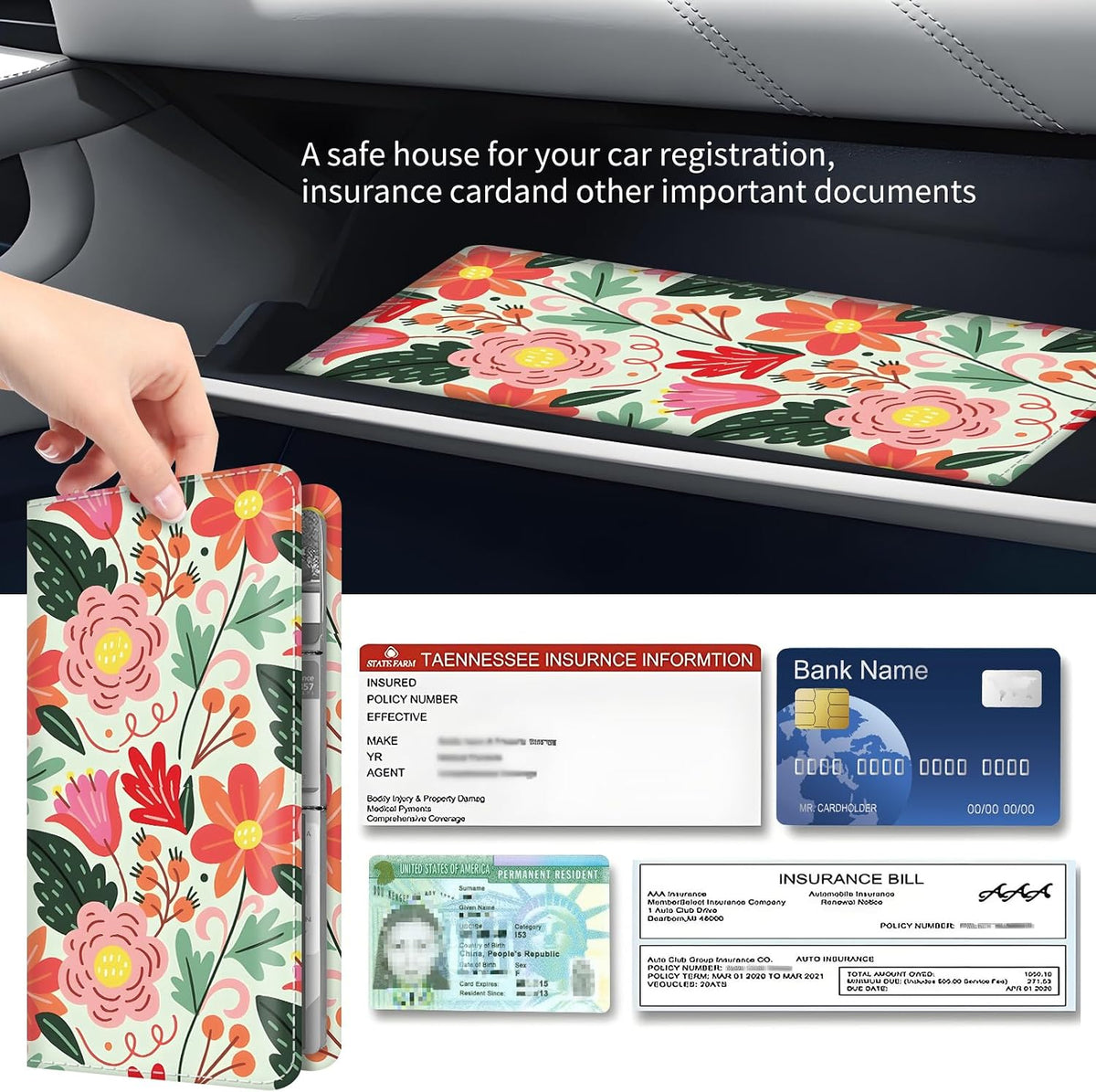Premium Car Registration and Insurance Card Holder, Cute PU Leather Car Document Holder, Vehicle Glove Box Car Organizer with Magnetic Closure for Driver License, Cards Bright Exotic Floral