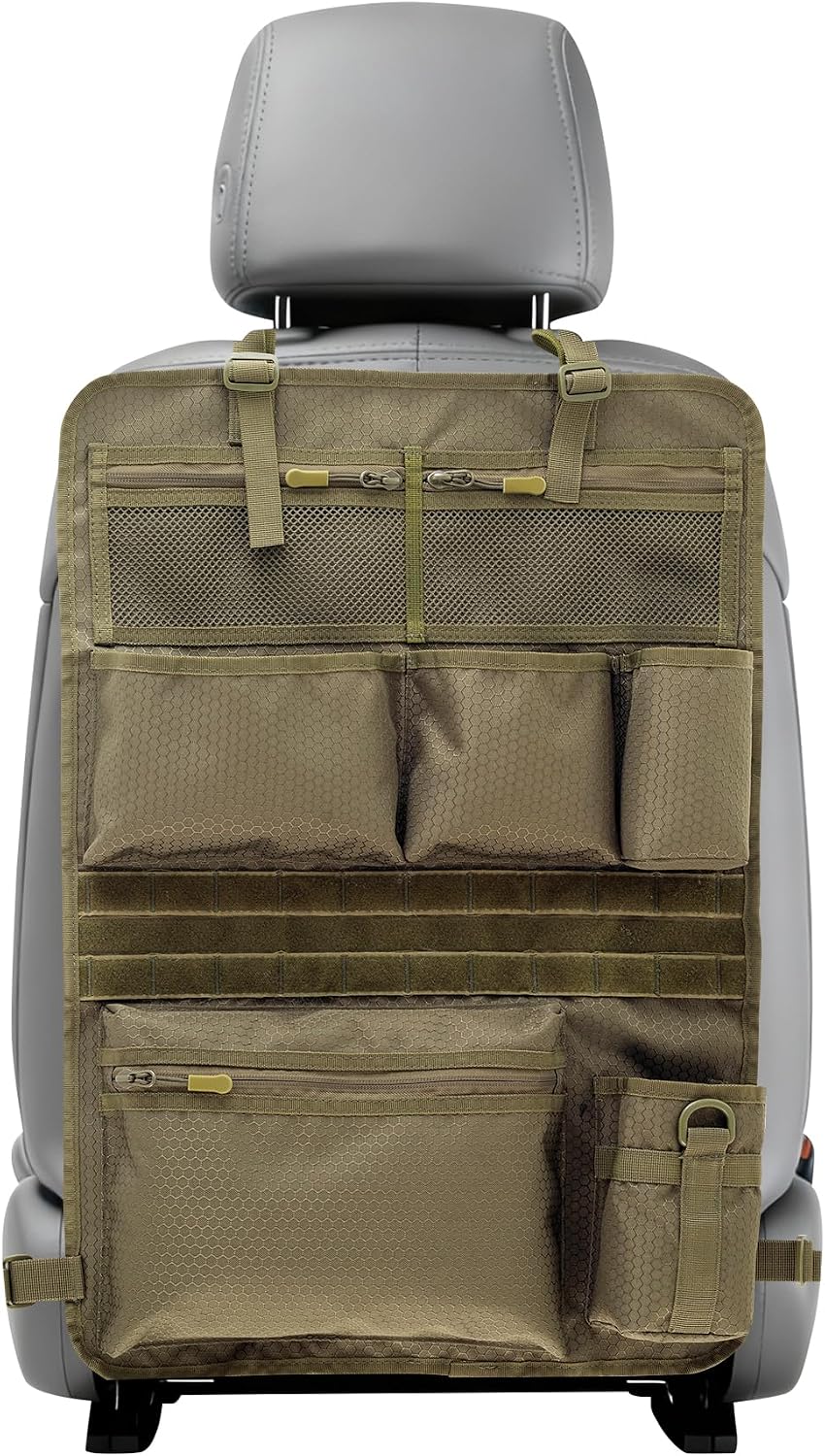 Backseat Car Organizer,Tactical Car Seat Back Organizer, Kick Mats Back Seat Protector with Three Zippered Storage pockets, Travel Accessories with 8 Storage Pockets And DIY zone (Sand Brown)