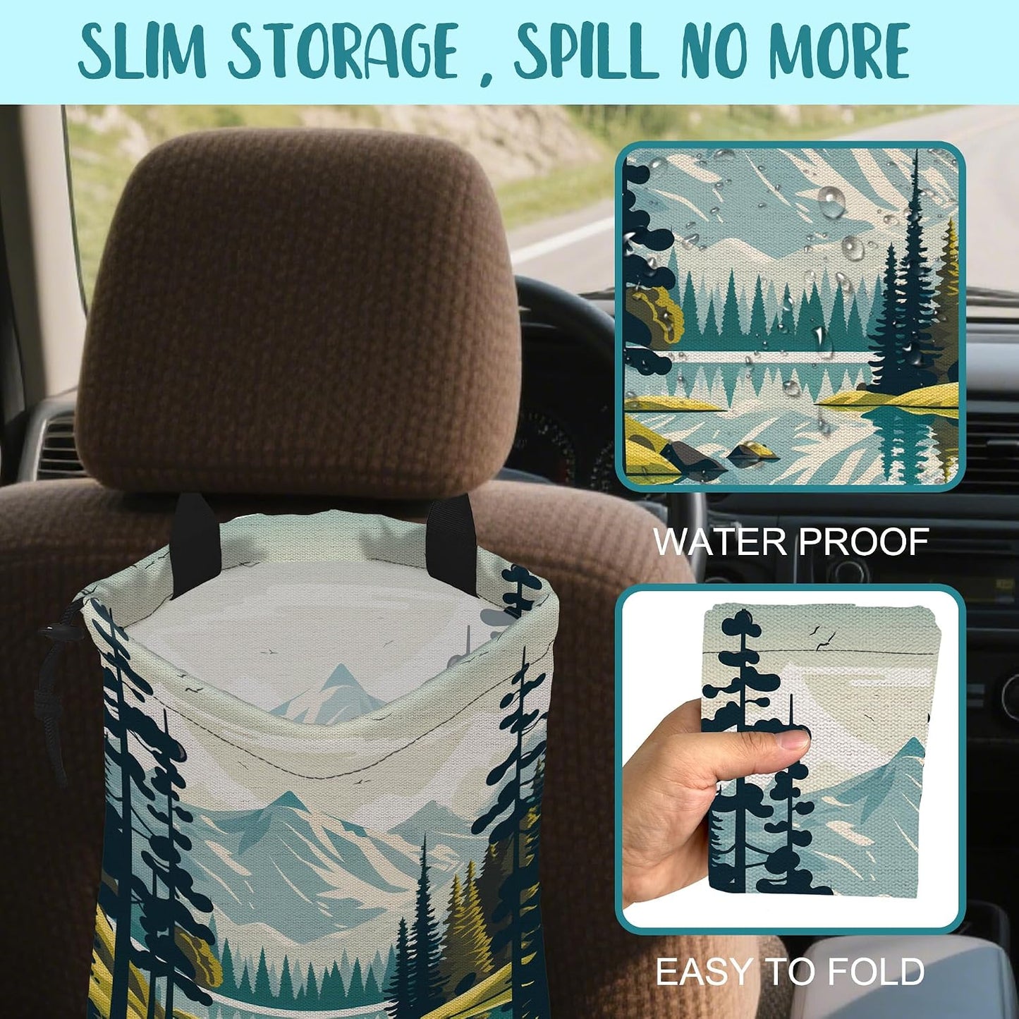 Car Garbage Bag Mountain and River Forest Hanging Canvas Car Trash Bag Waterproof Drawstring Car Back Seat Organizer for Car Back Front Seat Console with Adjustable Buckle