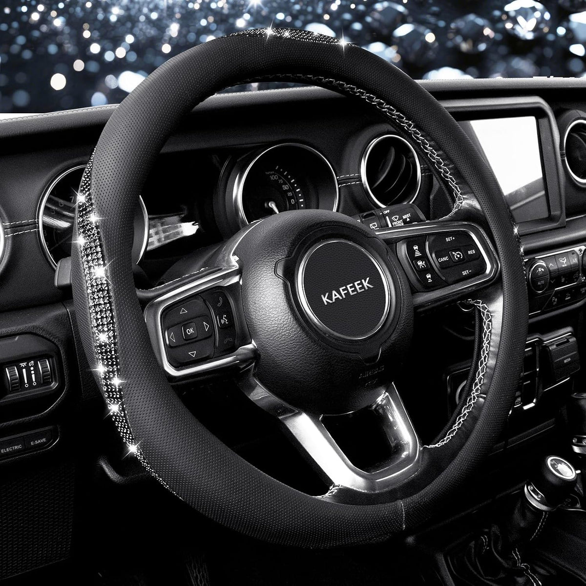 KAFEEK Diamond Leather Steering Wheel Cover, 15 Inch, Pure White