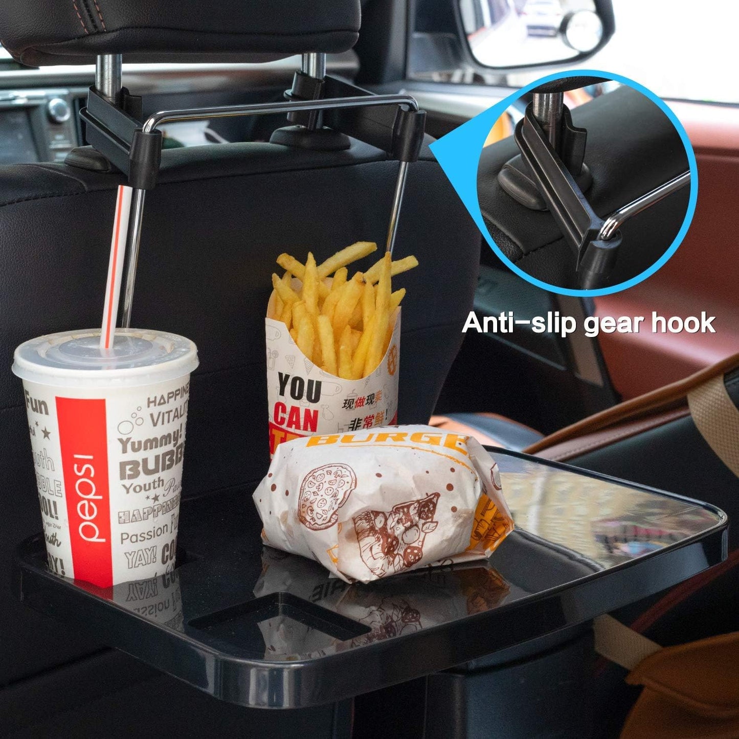 Foldable Car Seat Back Portable Tray for Food Dining Drink and Laptop, Hanging Car Steering Wheel Tray (Black)