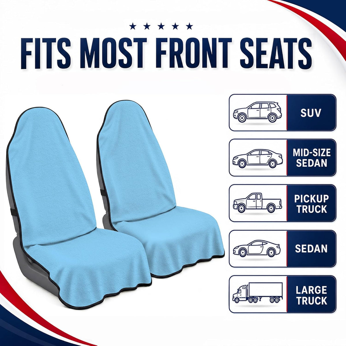 Car Seat Towel Cover 2 Pack for Front Seats, Sweat Absorbent Car Seat Protector with Non-Slip Backing, Waterproof Towel Car Seat Covers for Runners, Gym, Swimming, Beach, Pets, Sky Blue