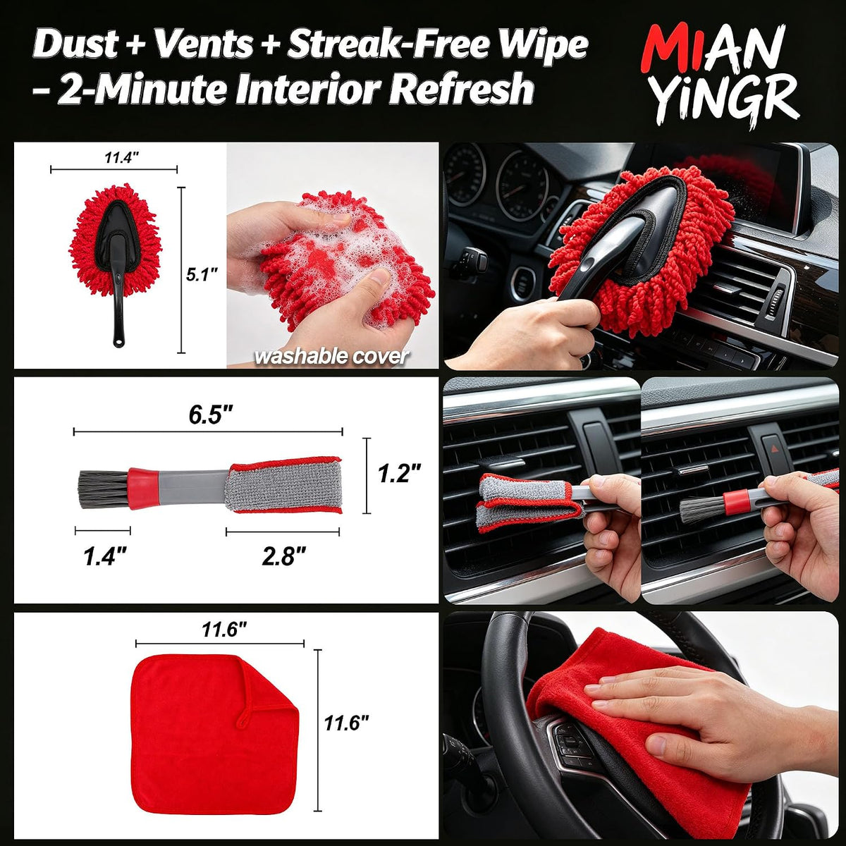 Windshield Cleaner Tool, 17Pcs Red Car Interior Detailing Kit