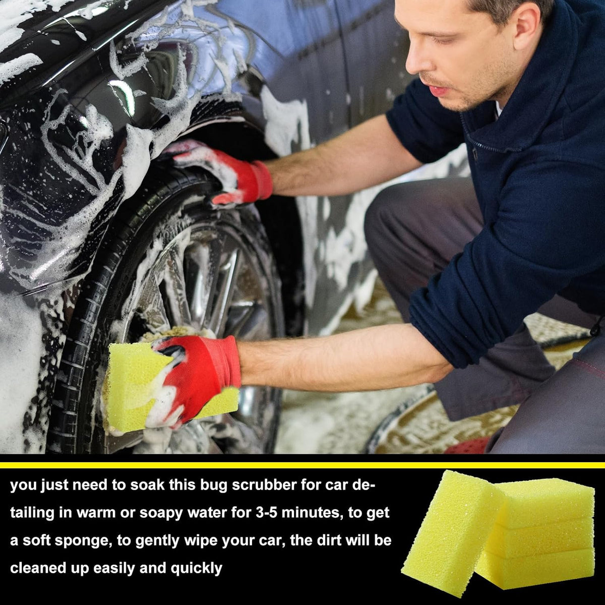 Yaomiao 4 Pcs Bug Scrubber Sponge Car Sponge Bug and Tar Remover Yellow Wash Cleaning Scrubber for Car Detailing