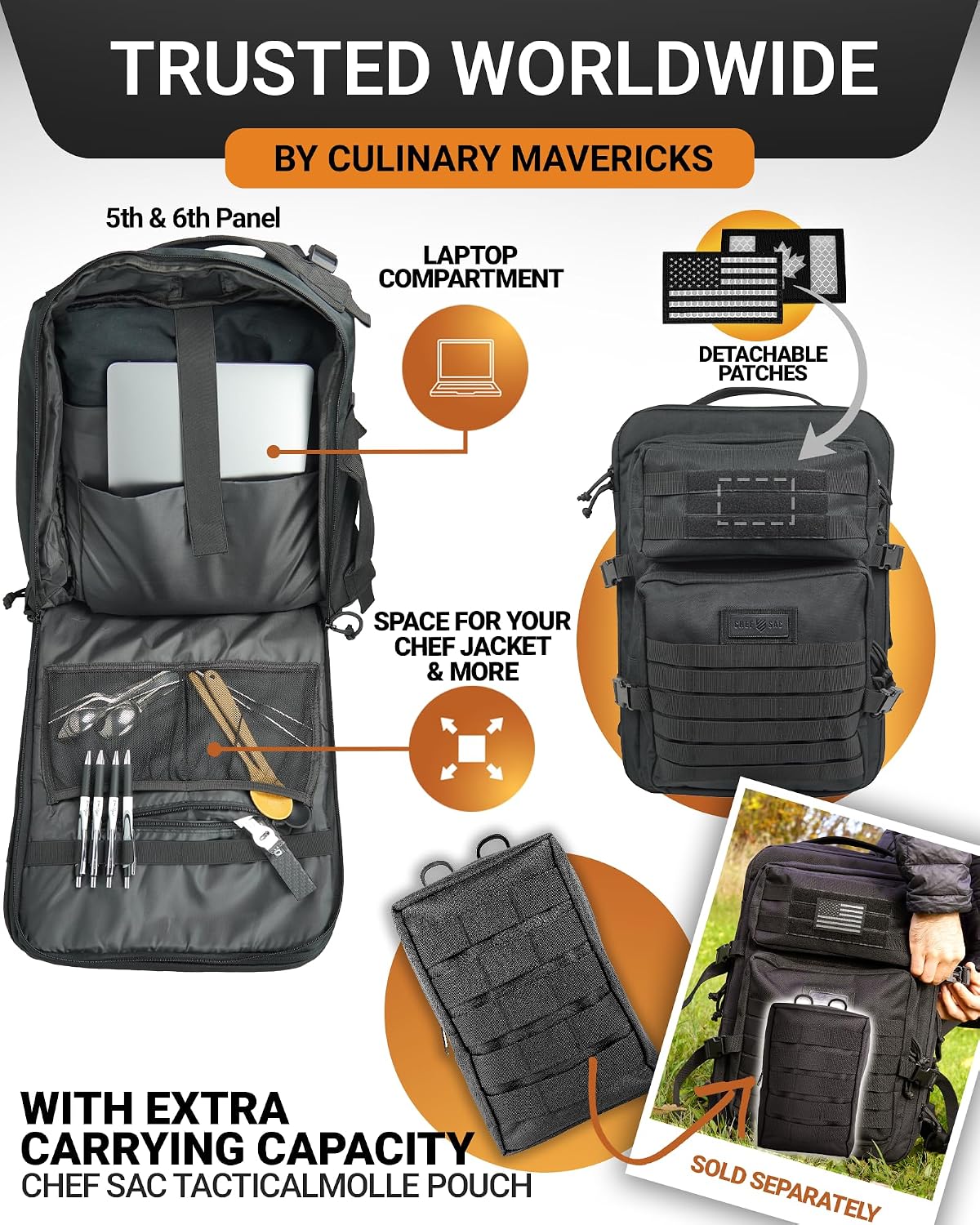Chef Knife Bag Tactical Backpack XL, 30+ Pocket Knife Carrying Case for Chefs and Culinary Tools, Patented Retention Panels with Hook-and-Loop System, YKK Zippers, Fits 12in Knives