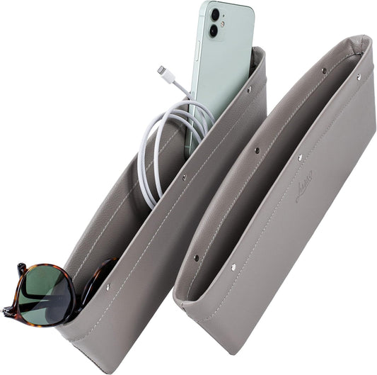 Lusso Gear Car Seat Gap Organizer - Pack of 2 - Prevents Items Falling & Seat Gap Filler - Universal Fit 0.5"-2" Slots & Automotive Use - Easy Clean Design for Auto Accessories - Gray Faux Leather