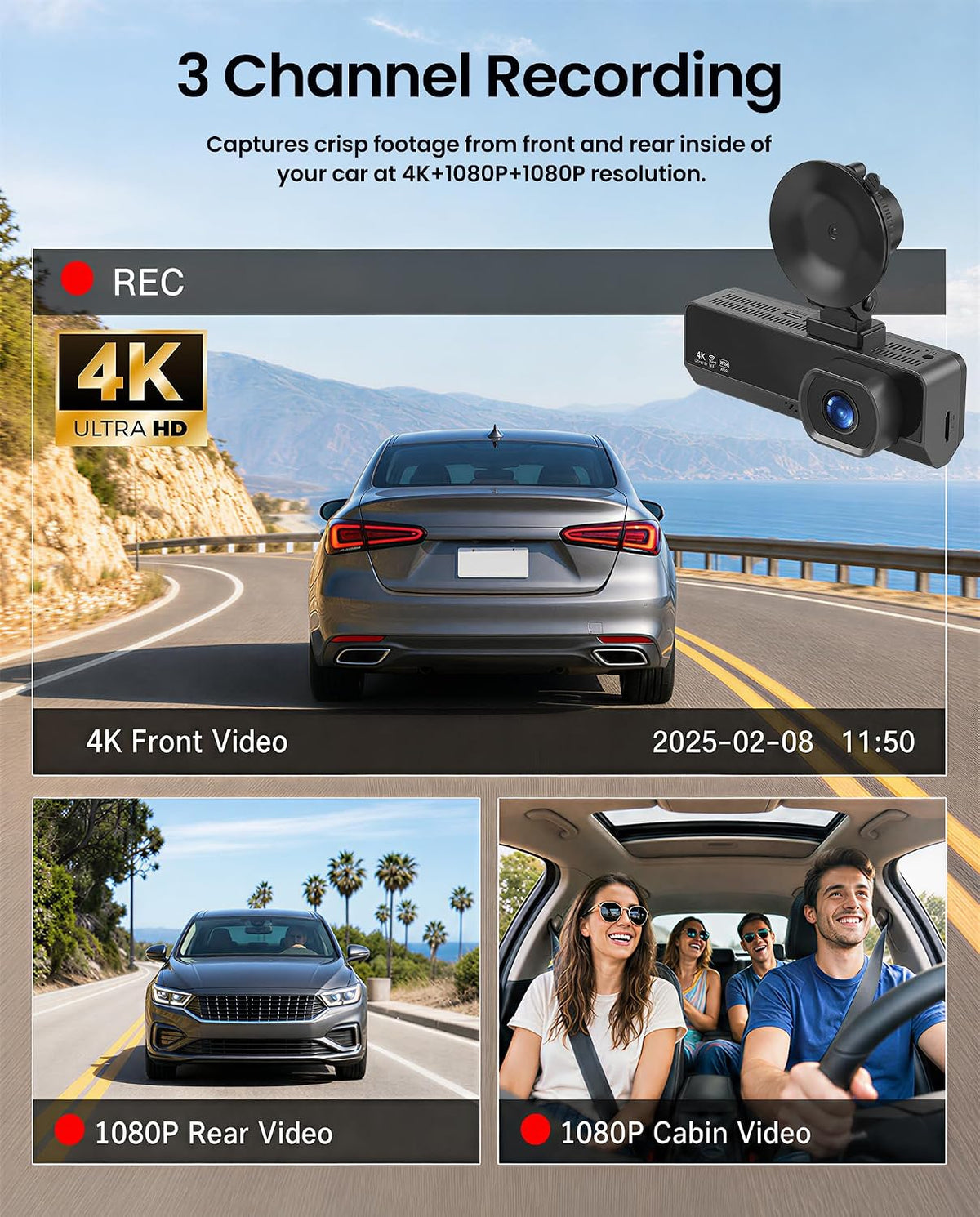 3 Channel Dash Cam 4K Front and Rear Inside with 5.8Ghz WiFi, Free 64G Card
