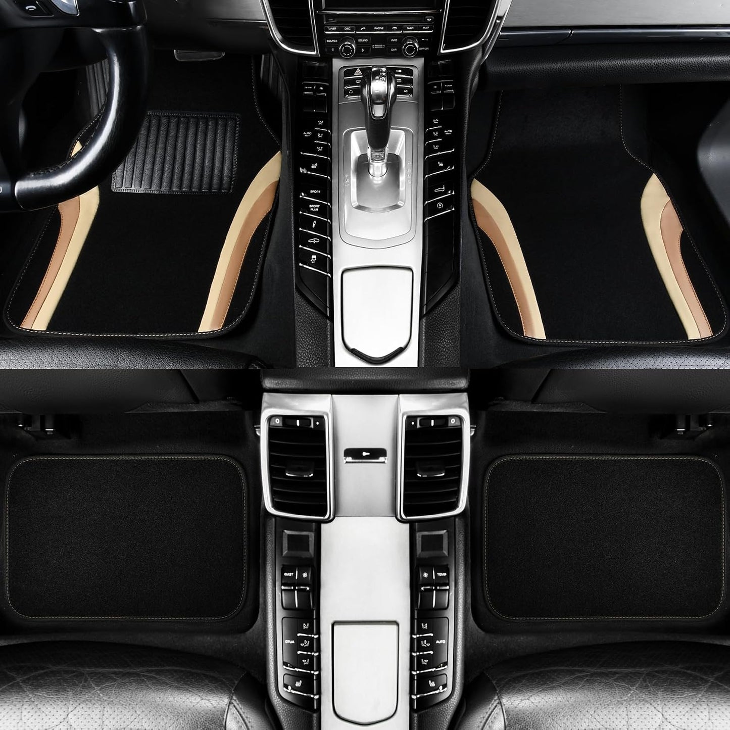 CAR PASS Beige Leather Car Floor Mats, Sporty Waterproof Car Carpet,Universal Automotive Floor Mats Fit for Sedans, Cars, Mid Trucks, Vans, SUV, Set of 4 (Black and Beige)