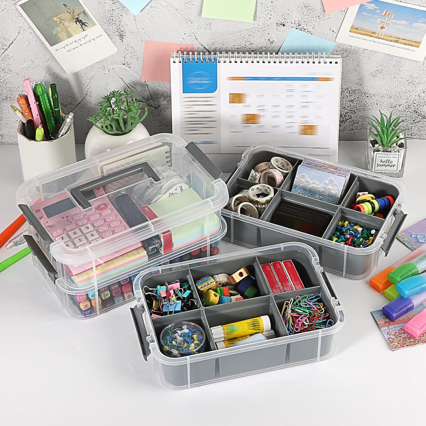 JUXYES 4-Tiers Plastic Stack Carry Storage Containers Box wih Handle Lids | Clear Stackable Latching Storage Bin With 2 Tray for School Office, Organizing Sewing, Art Craft, DIY Supplies, Gray