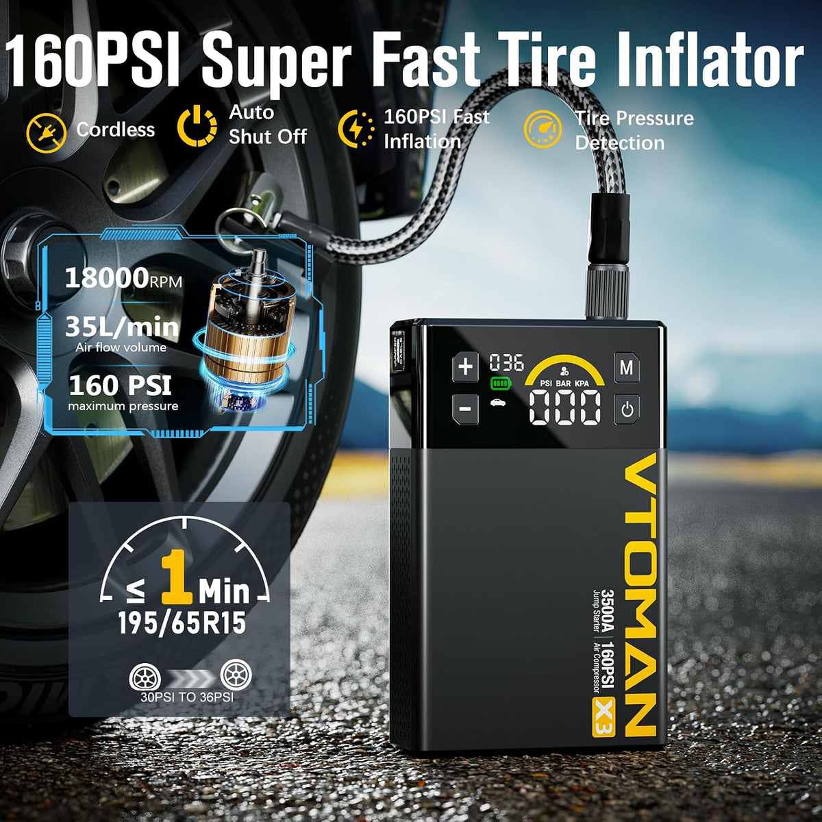 VTOMAN X3 Jump Starter with Air Compressor, 3500A Portable Car Jump Starter