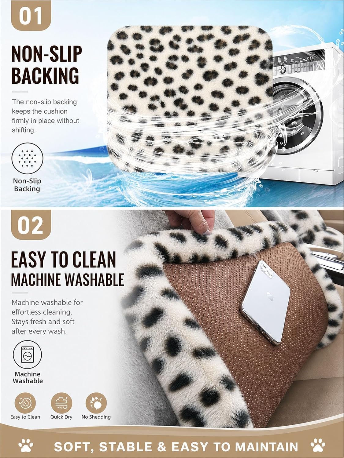 Winter Soft Warm Faux Rabbit Fur car seat Cushion,Universal fit Plush Front and Back Fuzzy car seat Pads Cushion Cover Protector - 1pcs (Back seat 1pcs, Leopard dots)