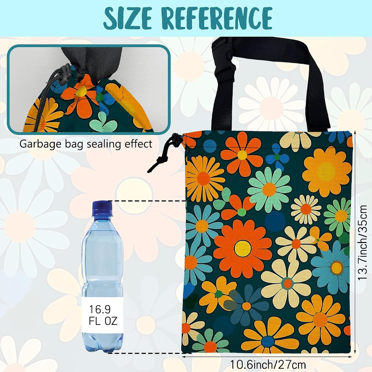 Car Trash Bag Colorful Daisy Flowers Leak-Proof Car Garbage Bag with Drawstring Foldable Canvas Trash Bin with Adjustable Buckle for Car Accessories, Travelling, Camping