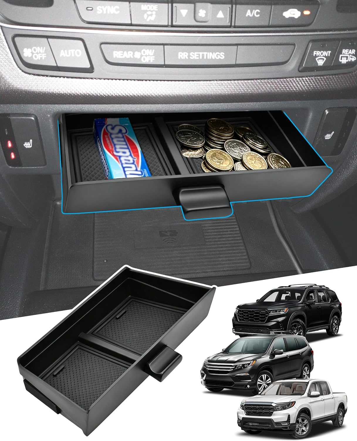 Center Console Organizer Tray for Honda Pilot 2016-2022/ Ridgeline 2017-2026/ Passport 2019-2025, Drawer Storage Box Insert, Hidden Cubby Organizer, Only Fit Models with Cubby