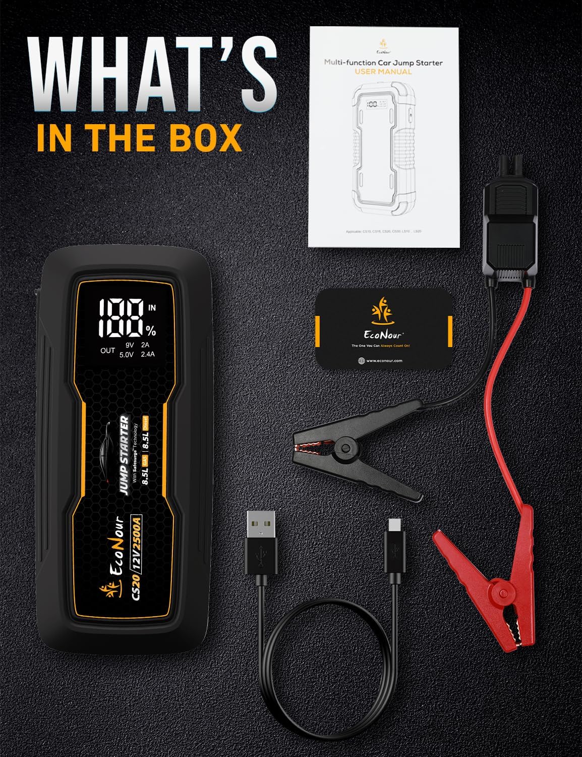 EcoNour 2500A Car Battery Jump Starter 12V Battery Booster Pack Up to 8.5L Gas & 8.5L Diesel Engines – Jump Box with Jumper Cables, USB Charger, LCD Display, LED Flashlight – for Cars, SUVs, Trucks