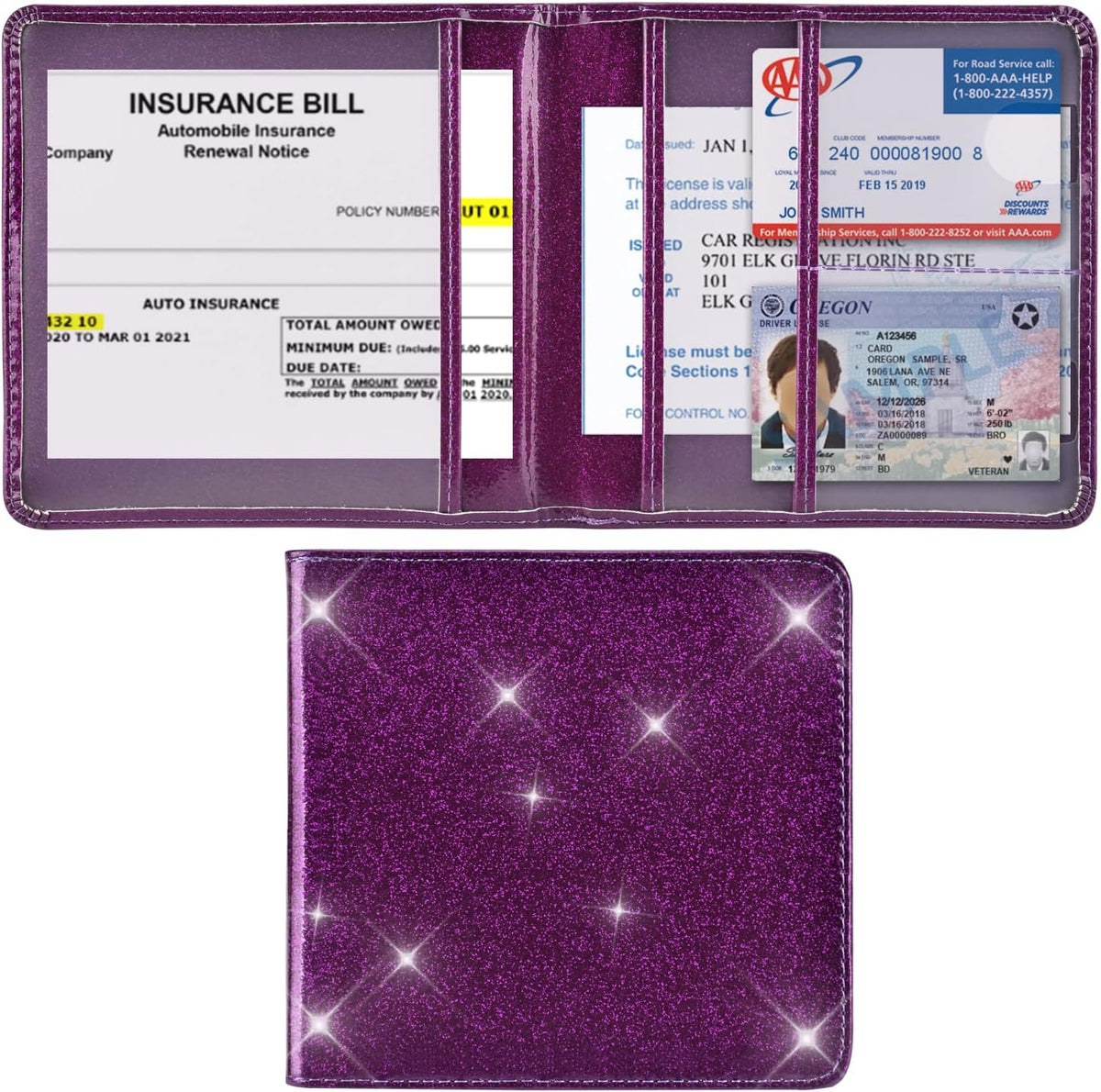 Car Registration and Insurance Holder, Glove Box Organizer, Bling Purple