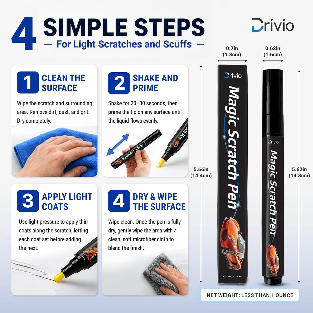 Drivio Car Scratch Remover Pen for Light Scuffs, Swirls & Paint Transfer