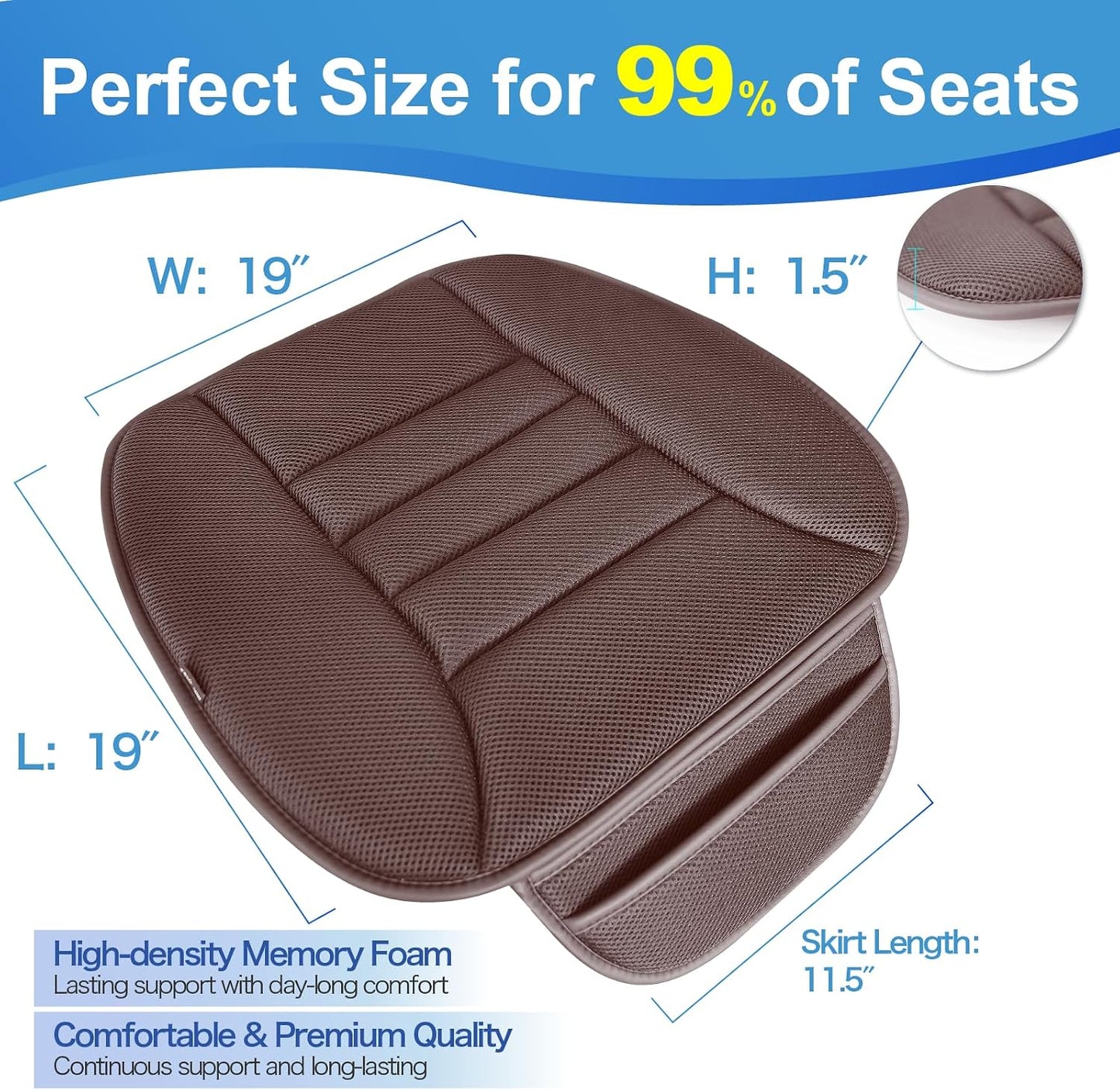 Lofty Aim Premium Car Seat Cushion, Driver Cushion with Comfort Memory Foam & Non-Slip Rubber Bottom, Car Seat Pad Works with 95% of Vehicles and Office Chair or Home - 4D Brown