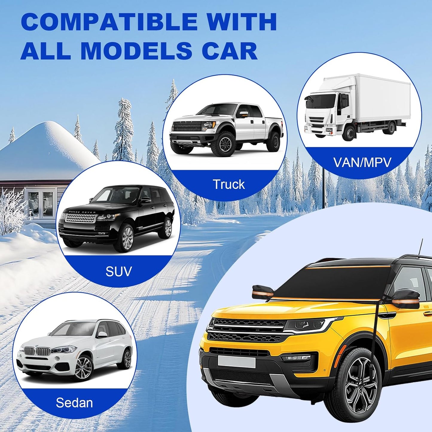 Car Windshield Cover for Snow and Ice, Car Windshield Snow Cover Kit with Side Mirror Cover, 600D Frost Guard Windshield Cover, Winter Frost Hail Protector for Sedan Truck SUV and MPV