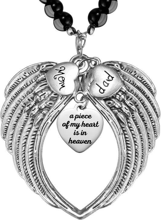 Silver Angel Wings A Piece of My Heart is in Heaven Rear View Mirror Car Charm, Mom Dad Angel Ornament, Sympathy Condolence Gift