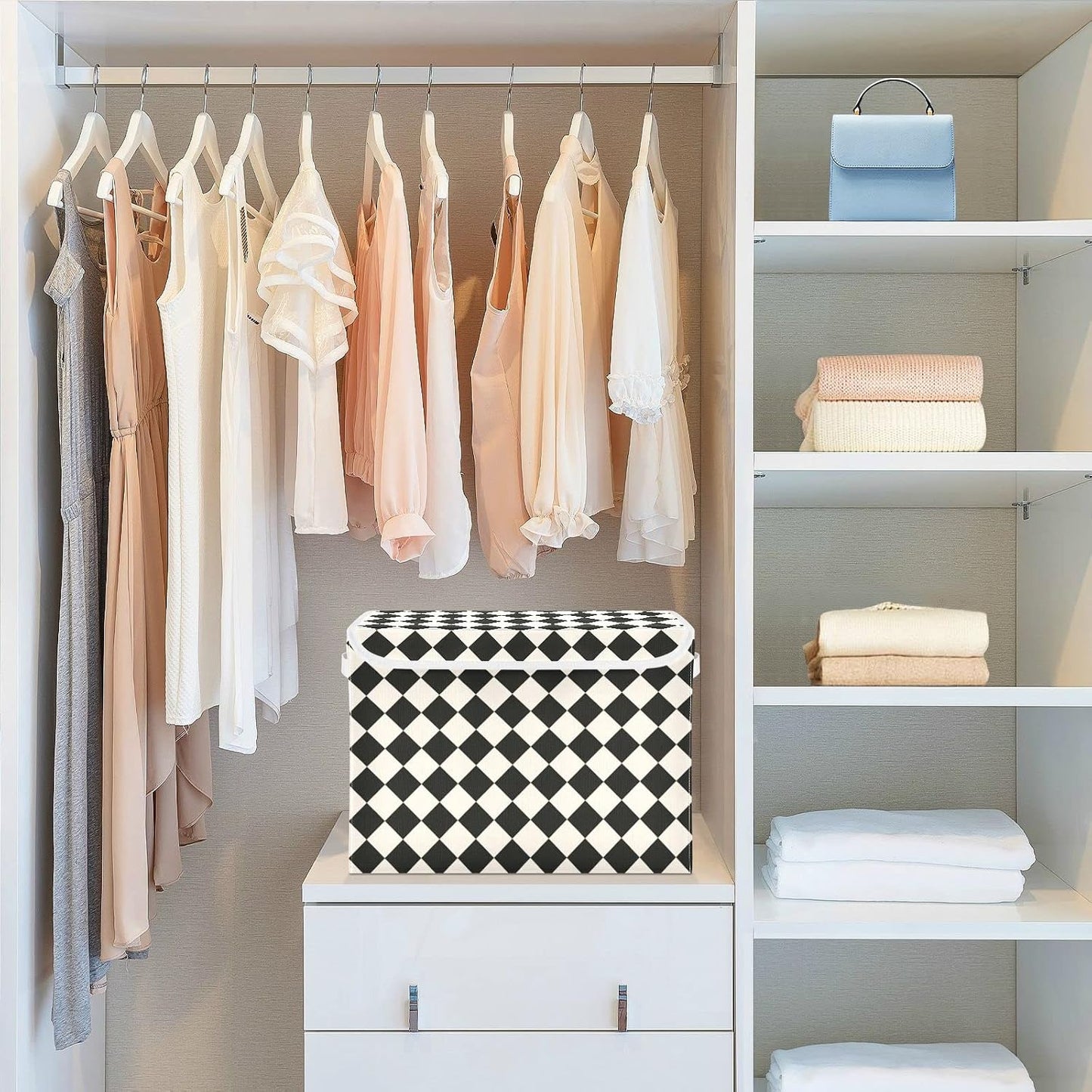 CaTaKu Large Fabric Storage Bins With Lids,Black and White Checkered Storage Boxes With Handles for Organizing Clothes, Collapsible Storage Cube Bins Baskets for Shelves