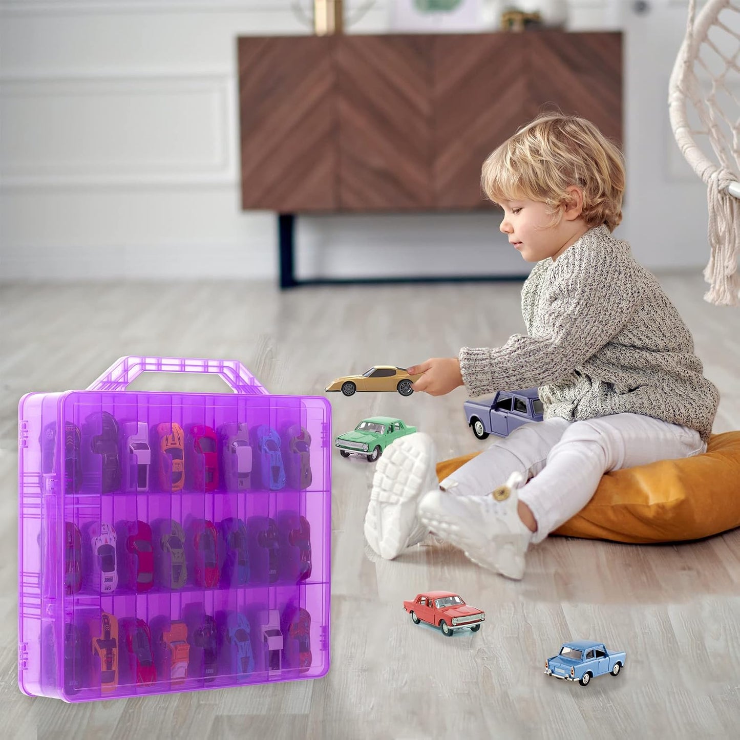 Double Sided Toy Car Storage Case for 48 Toy Cars, Matchbox Cars, Mini Toys, Small Dolls, Portable Transparent Storage Case for Toy Cars, Matchbox Cars with 48 Compartments, Case Only